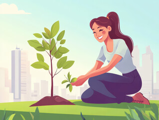Modern illustration of a smiling woman planting a young tree in urban park, minimal background with soft gradients, eco-friendly theme