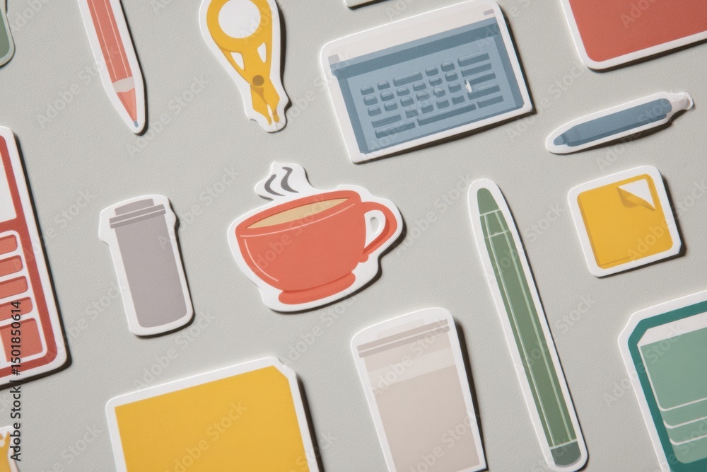 Aufkleber Stylized Minimalist Flat Stickers of Office Tools Arranged on a Neutral Background With Open Space at the Top
