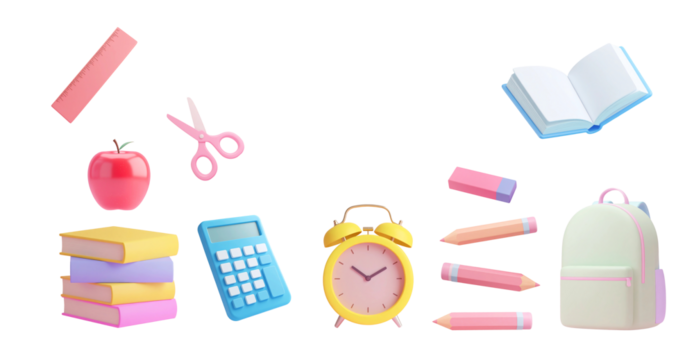 School supplies 3d style illustration design elements isolated cutout on transparent