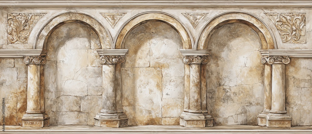 Poster three arches and columns in stone wall perspective architectural detail ancient style background