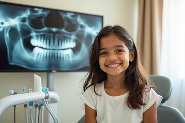 Happy girl at dental appointment smiling with teeth xray view