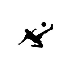 Silhouette of a soccer player performing an acrobatic bicycle kick in mid-air, demonstrating agility and athletic skill, with the ball prominently positioned, isolated on white.