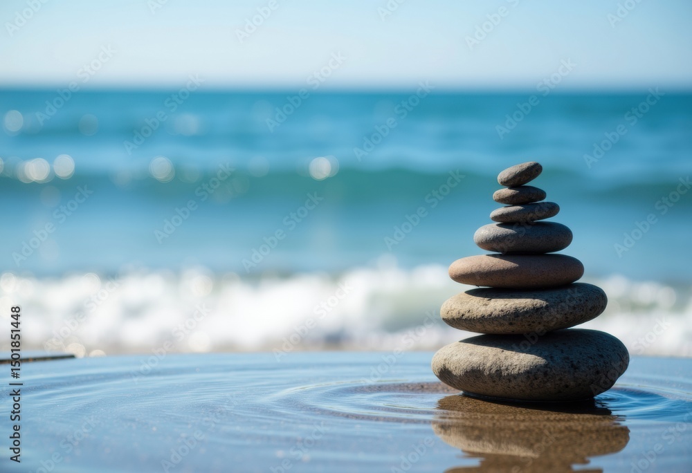 Poster balanced stack of smooth stones on a beach with ocean waves in the background