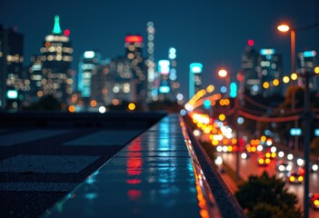 Obraz premium Blurred city skyline at night with colorful lights and reflections on a wet surface