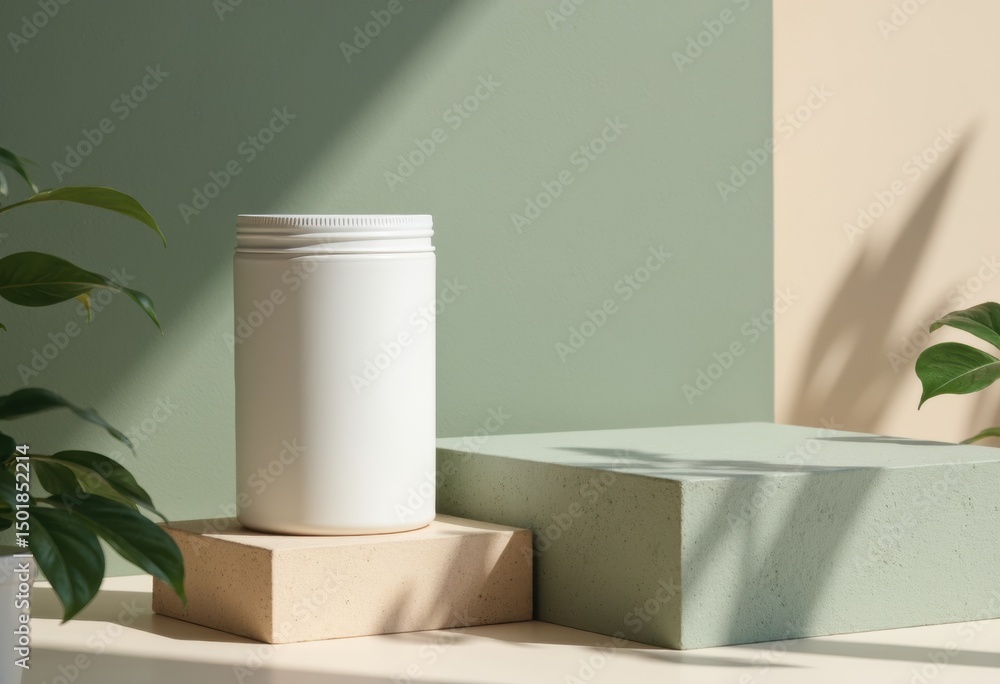 Aufkleber minimalist display of a white container on geometric blocks with plants
