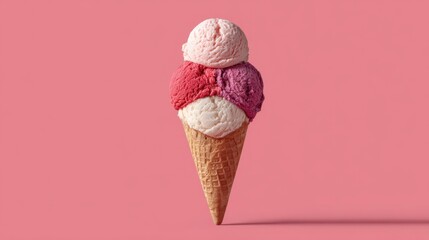 Colorful Ice Cream Cone with Three Scoops on Pink Background Studio Shot Sweet Treat Dessert Frozen Food