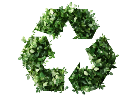 A green, leafy recycling symbol isolated on a transparent background,
