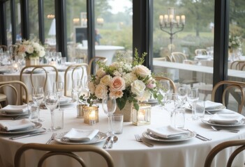 Fototapeta premium Elegant dining setup with floral centerpiece and tableware in a bright venue