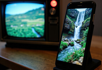 Smartphone displaying a scenic waterfall image with a blurred television in the background