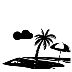 A black silhouette illustration of a palm tree, beach umbrella, and cloud on a beach.