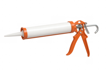 Orange caulking gun loaded with white silicone cartridge, isolated on transparent background, ready for construction and repair projects