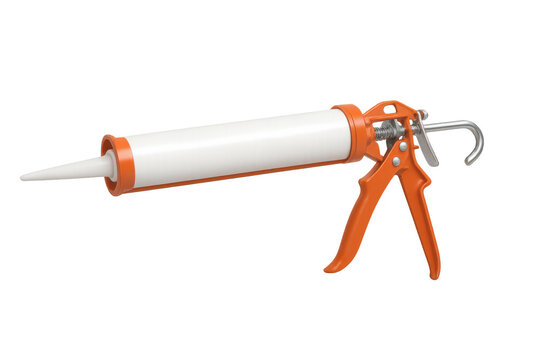 Orange caulking gun loaded with white silicone cartridge, isolated on transparent background, ready for construction and repair projects