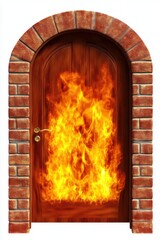 Fiery Portal Concept Shot of a Wooden Door Engulfed in Flames Framed by a Brick Archway on White Background