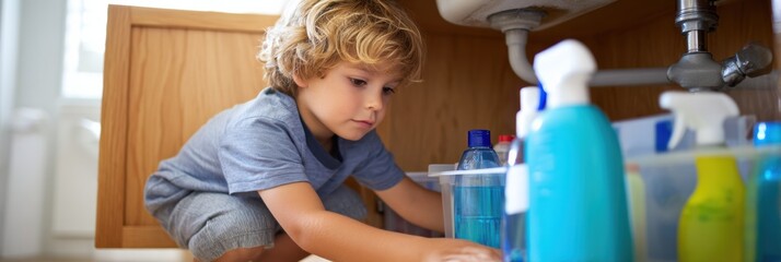 Parent Secures Hazardous Cleaning Products Under Sink to Ensure Childs Safety During Household Chores