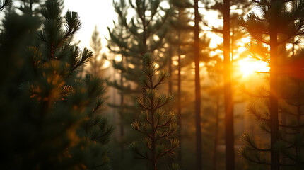 A tranquil pine forest at sunrise, golden light rays streaming through the trees, subtle morning mist, natural color tones, cinematic atmosphere, peaceful and immersive