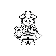 Fototapeta premium Treasure Hunter with a Map and Compass Kids Coloring Page Vector