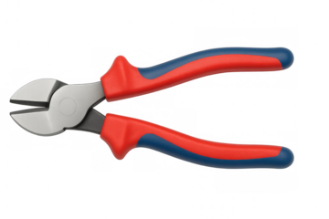 Red and blue handled diagonal cutting pliers isolated on transparent background, ideal for cutting wires and cables