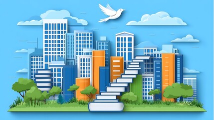 Cityscape, stairway to success, peace