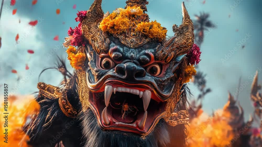 Poster a close-up shot of a mask surrounded by flames, perfect for use in scenes involving mystery or dange
