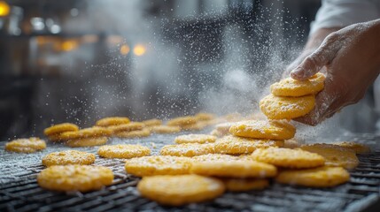 Chef dusting cookies with powdered sugar
