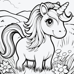 Adorable black and white outline illustration of a smiling unicorn in a meadow scene