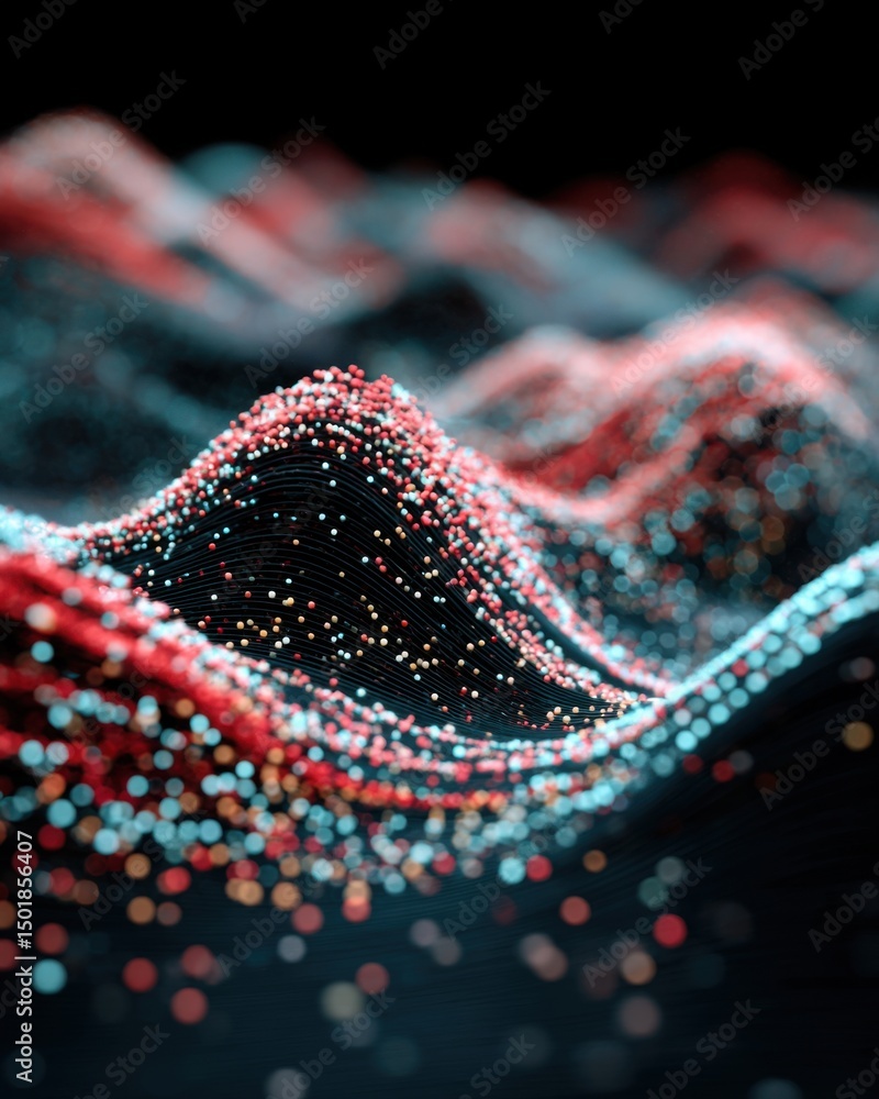 Poster abstract data landscape visualization with red and blue spheres on wavy lines close up view