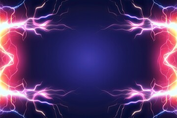 A vibrant abstract background featuring symmetrical bolts of glowing pink and yellow lightning, creating an energetic frame on a dark blue and purple gradient with central copy space
