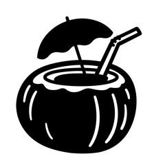 A black illustration of a coconut drink with a straw and umbrella.