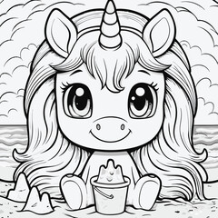 Cute cartoon unicorn at the beach coloring page with bucket sandcastles and coastal scene