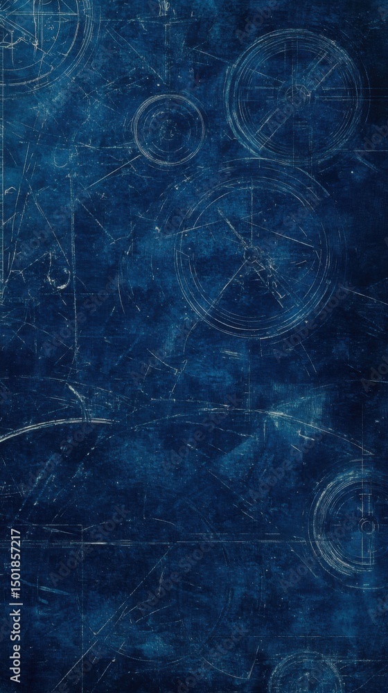 Poster abstract blueprint background showing circles and lines in dark blue with a vintage look for technol