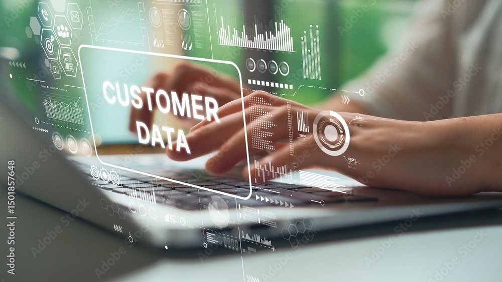 Poster professional hands typing on a laptop with customer data overlay for business and data analytics con