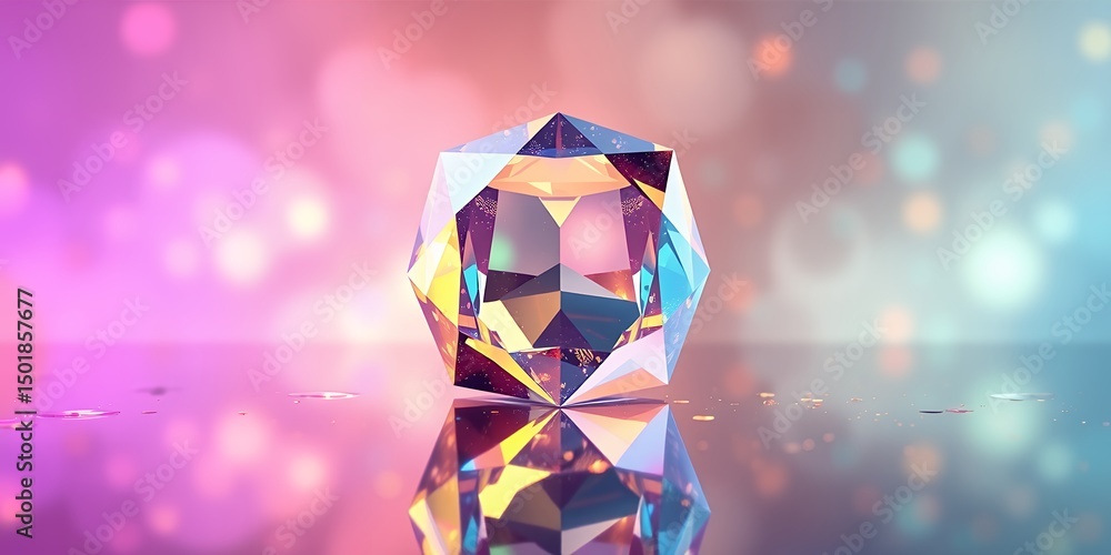 Aufkleber a multifaceted gemstone reflecting light on a reflective surface with a bokeh background glow
