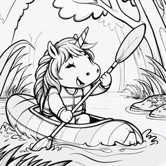Happy cartoon unicorn paddling a canoe in a river surrounded by trees and nature