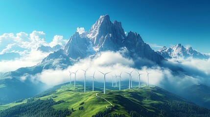 Scenic wind turbine farm atop rolling green hill sleek white turbine spinning against brilliant blue sky Ultra detailed texture cinematic lighting hyper realistic reflection high fidelity atmosphere
