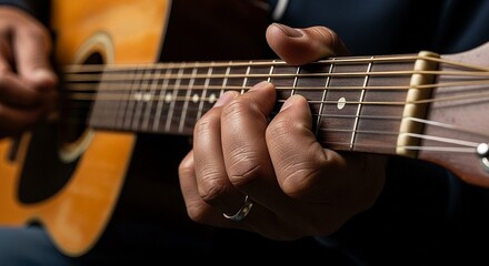 Fototapeta premium Close-up of Hands Playing Acoustic Guitar Musical Passion and Skill