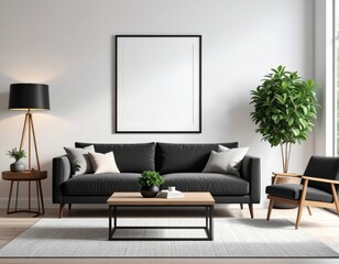 Modern living room with black sofa wooden accents and a blank picture frame