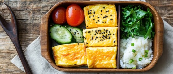 Japanese Bento Box with Tamagoyaki Eggs Rice and Vegetables Overhead Still Life on Wood Table Healthy Meal Prep Lunchbox