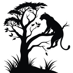 Black silhouette of a tiger climbing a tree.