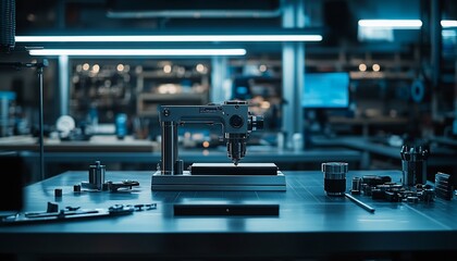 Precision Engineering: Industrial Setup with Drilling Machine and Tools on Workbench