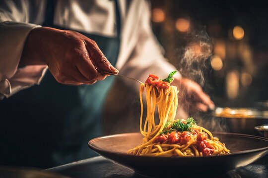 A skilled chef delicately twirls strands of pasta with a fork, adding rich sauce and garnishing with herbs in a busy kitchen. The warm lighting enhances the inviting atmosphere