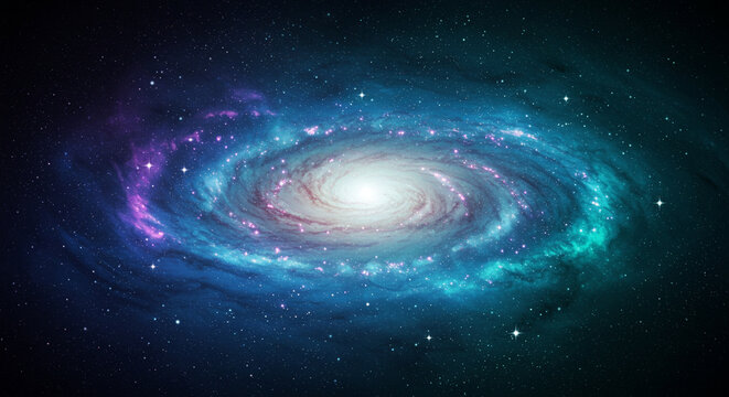 vibrant spiral galaxy in space, showcasing bright blue and purple hues against a dark cosmic background