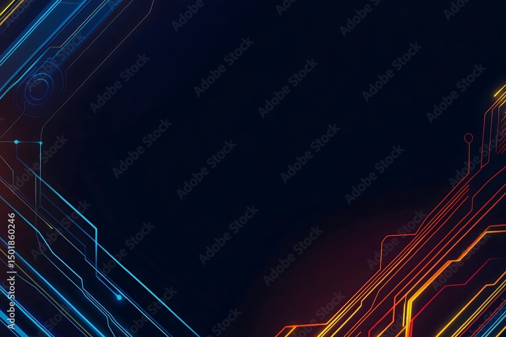 Fototapete futuristic digital technology background with glowing abstract circuit board lines. blue and orange 