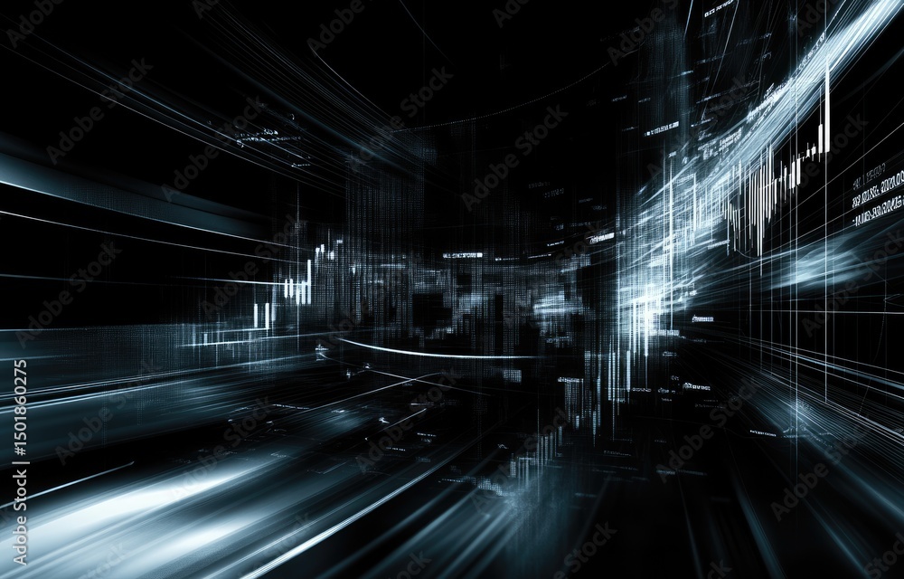 Poster abstract digital cityscape, data streams, and motion blur. complex network of lines and forms, conve