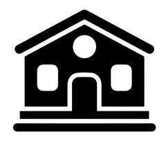 A simple black silhouette illustration of a house with a stepped base.