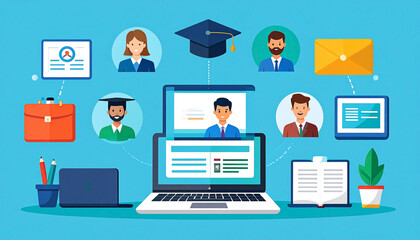 Online education concept showcasing a laptop displaying a virtual instructor, surrounded by student avatars, certificates, and stationery, symbolizing a connected learning experience