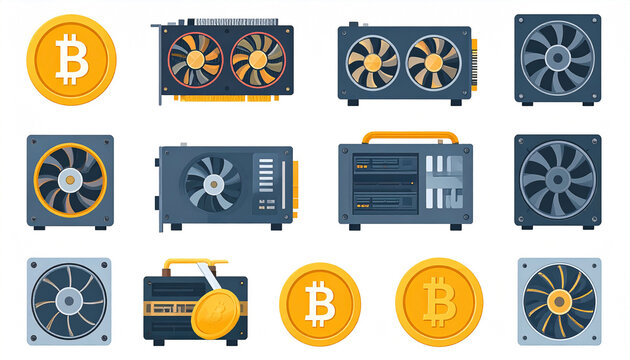 A collection of graphics cards and Bitcoin coins, illustrating cryptocurrency mining hardware.  Various cooling fans and diverse casing designs are depicted
