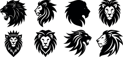Set of Majestic Lion Head Silhouettes, Including Roaring, Regal, and Profile Views, Ideal for Logos