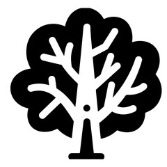 A stylized illustration of a dead tree, depicted in black and white.