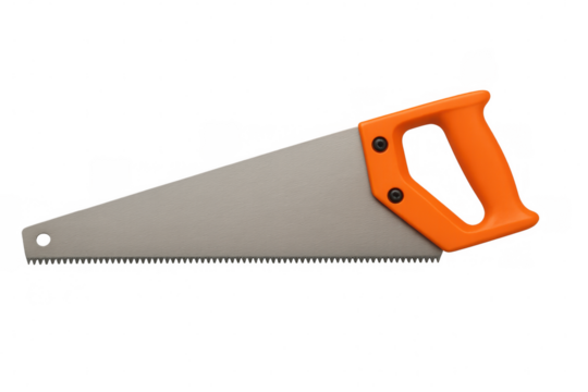 Close-up of a hand saw featuring an orange handle, isolated on a transparent background, ready for woodworking projects - Powered by Adobe