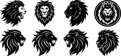 Collection of powerful and detailed black lion head silhouettes in various styles and expressions, ideal for branding and design projects